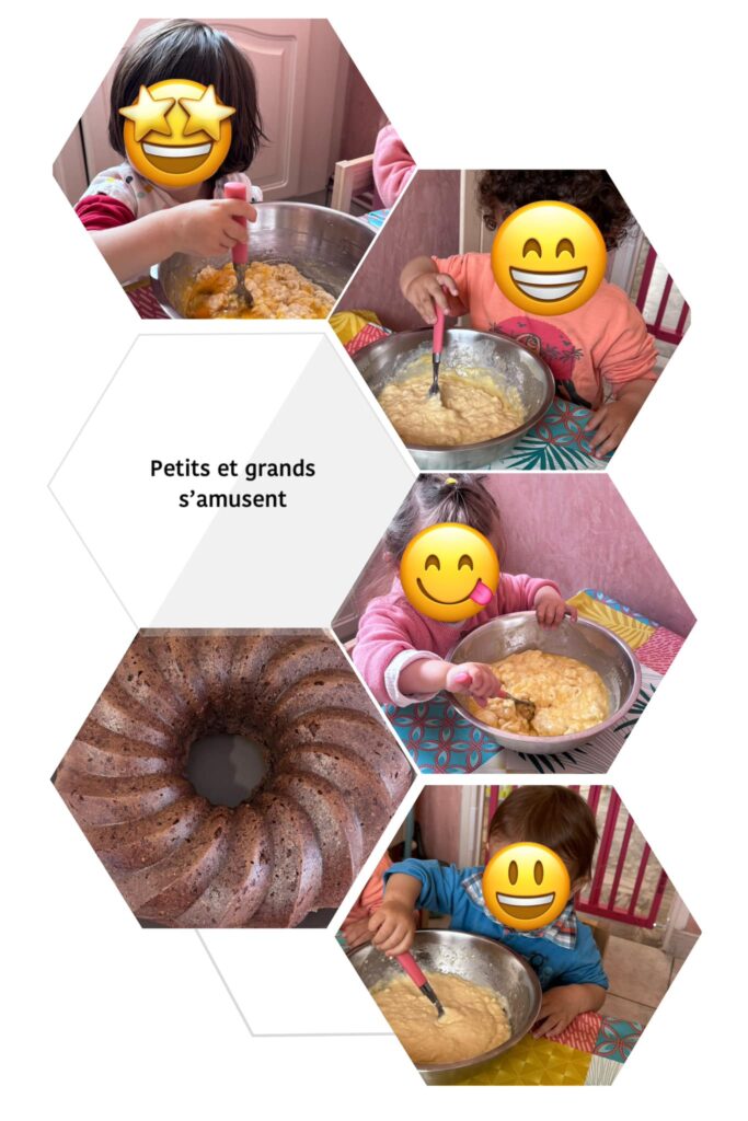Collage de photos hexagonales montrant des enfants participant à un atelier cuisine à la MAM Super Poppins de Blagnac. Ils mélangent des ingrédients dans des bols. Une photo présente un gâteau marbré cuit et le texte "Petits et grands s'amusent